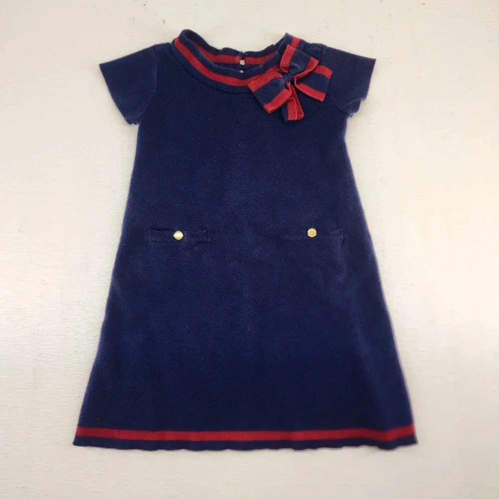 Hope & Henry Navy Blue Red Stripe Bow Knit Organic Cotton Dress‎ Kids Size 4